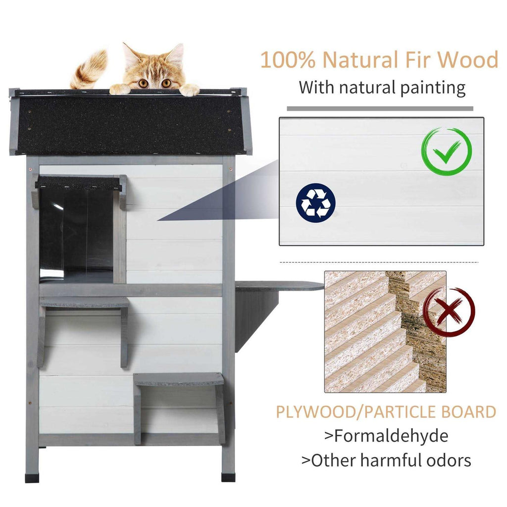 Wooden 2-Story Outdoor Cat House with Escape Door A491622