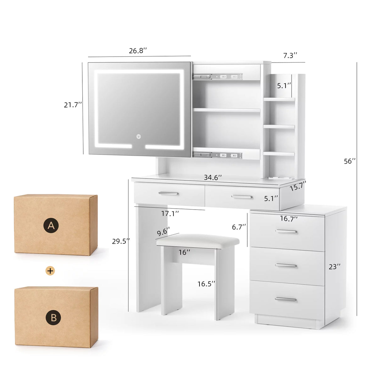 Large White Makeup Vanity Desk with Lighted Mirror and 3-Drawer Chest M3987