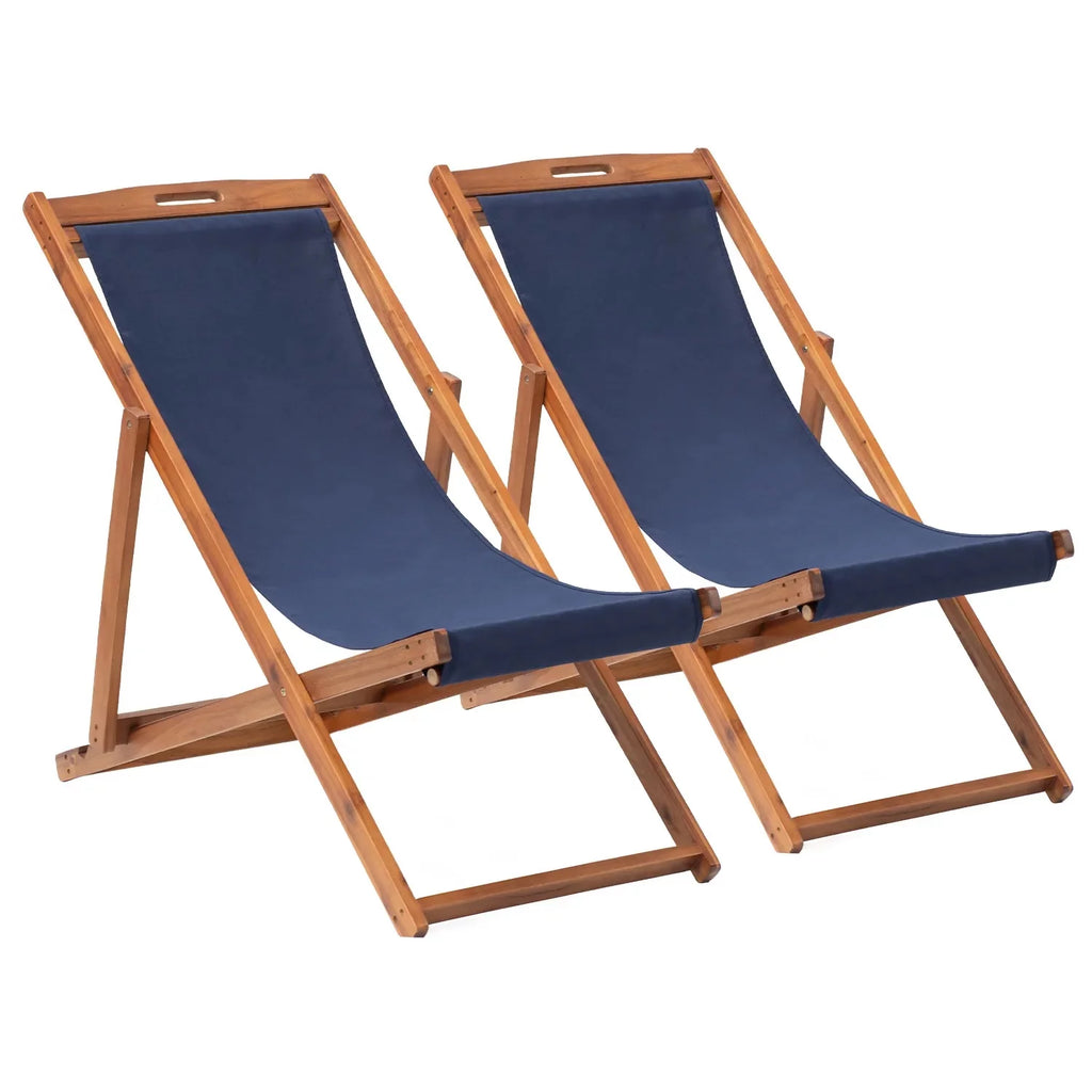 Beach Chair 2 Set Folding Reclining Chair with Solid Wood Frame Blue T254751
