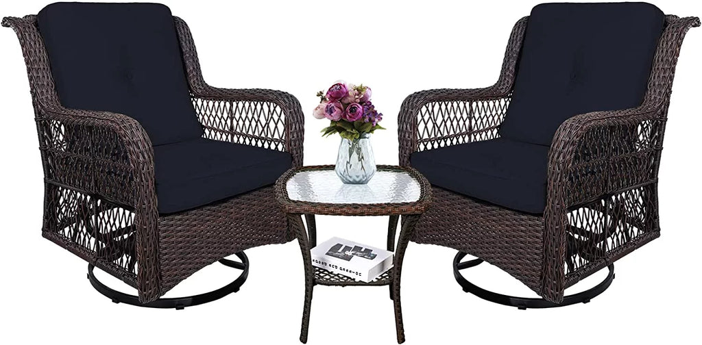 3-Piece Wicker Bistro Set Swivel Rocking Chairs Glass-Top Coffee Table E7671