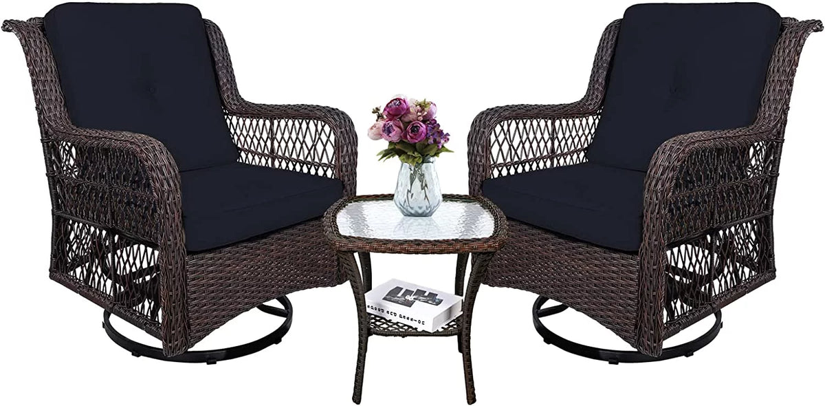 3-Piece Wicker Bistro Set Swivel Rocking Chairs Glass-Top Coffee Table E7671