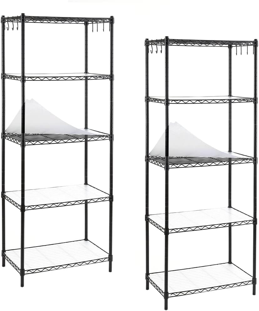 4-Shelf Steel Wire Shelving Unit with 8 Hooks, Black, Pack of 2 D34185