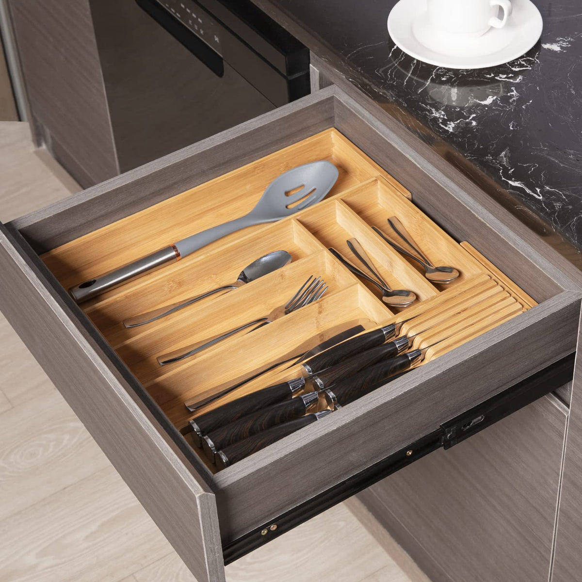 Bamboo Utensil Holder Expandable Drawer Organizer with Removable Knife Rack V3766