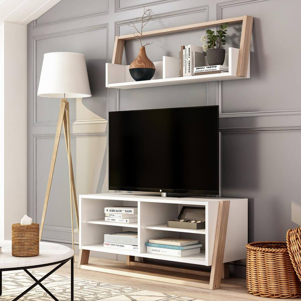 Beige 2-Piece TV Console with 6-Shelves Y17977