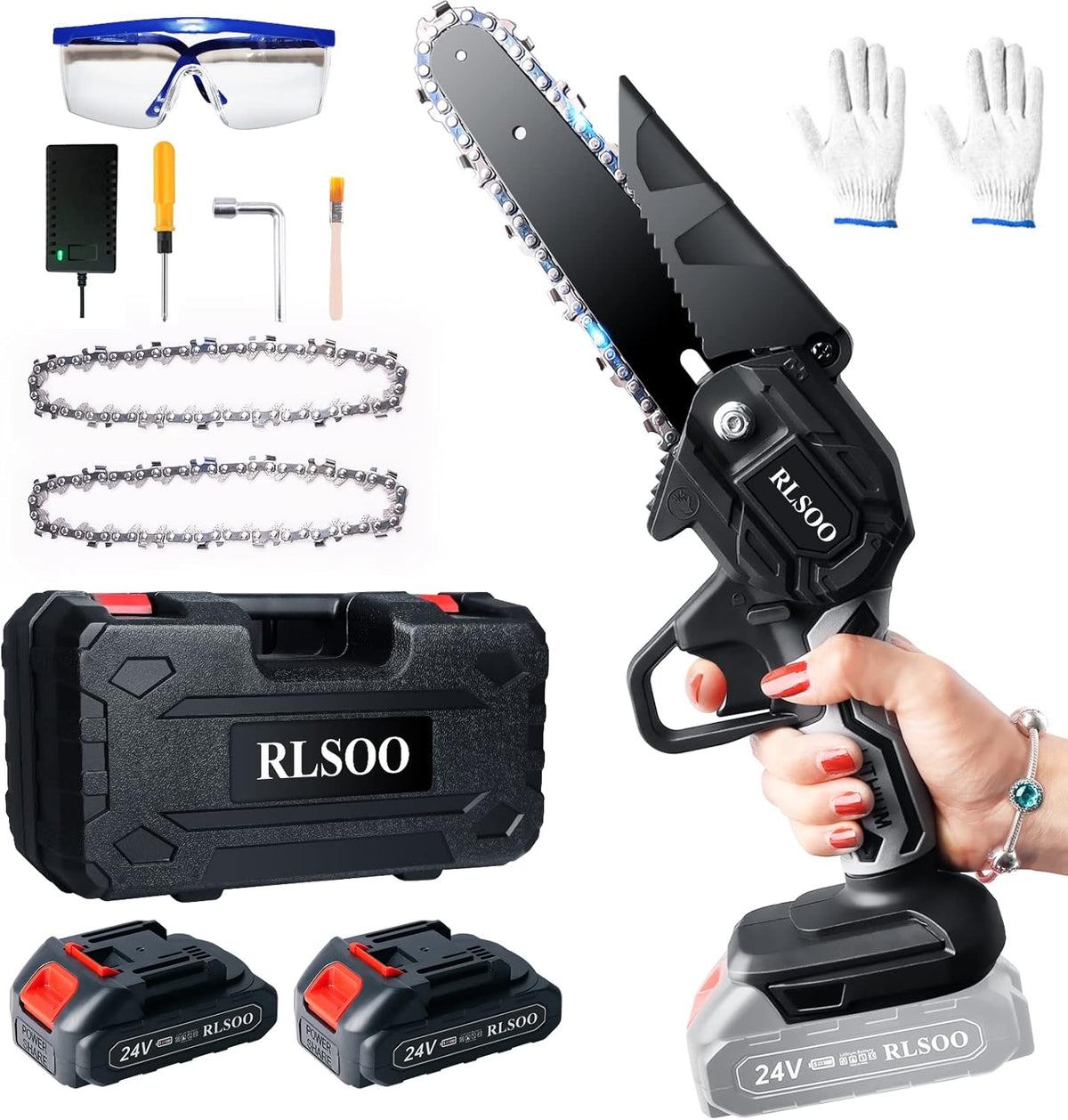 6 Inch 24V Cordless Mini Chainsaw with 2 Batteries and 2 Chains Y710
