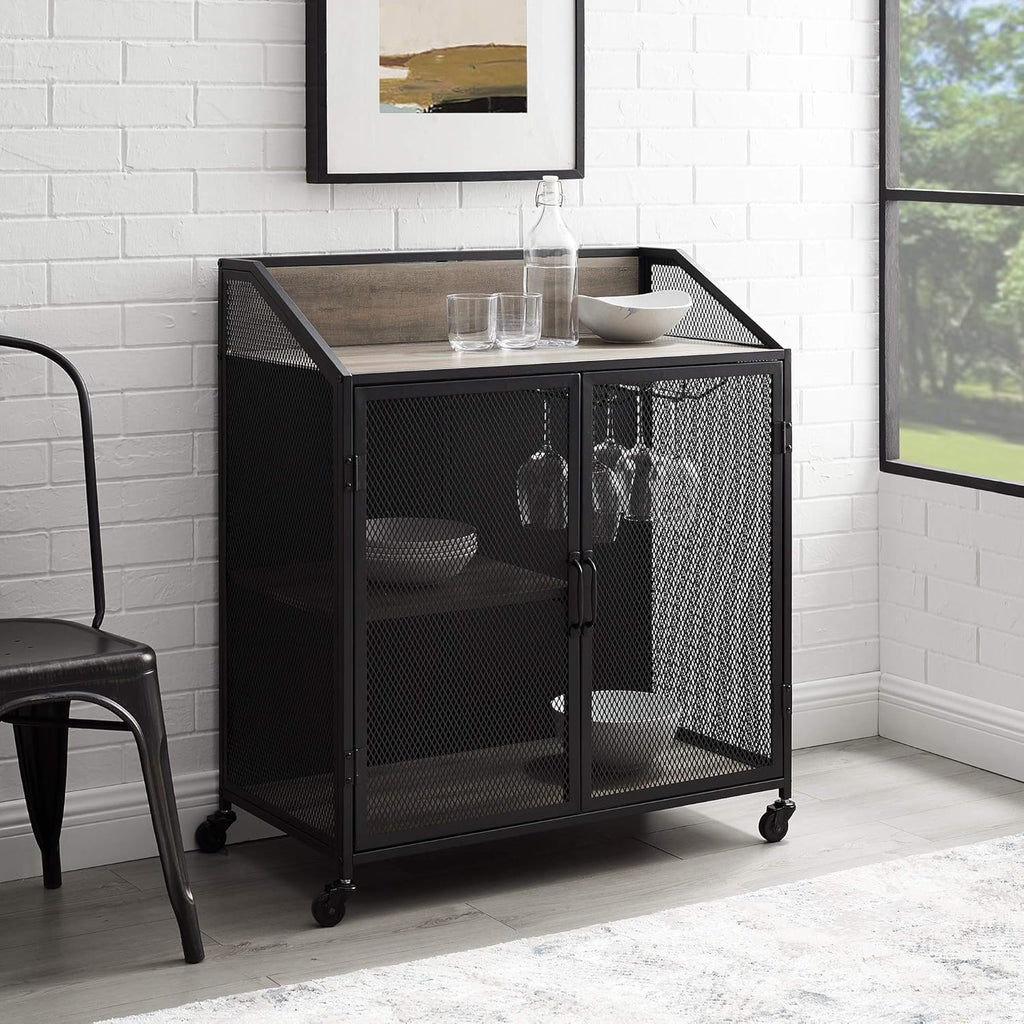 Rustic Oak Metal Mesh Double Door Rolling Bar Cabinet K5428
