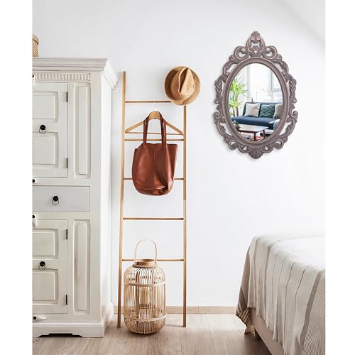 Oval Wooden Hanging Mirror Grey Carved Frame Wall Mirror 24"x16" M5118