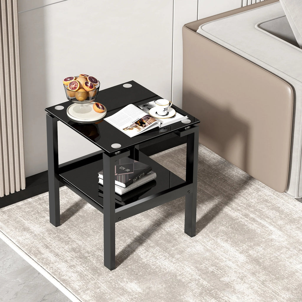 Black Tempered Glass 2-Layer Side Table with Storage Shelf P523