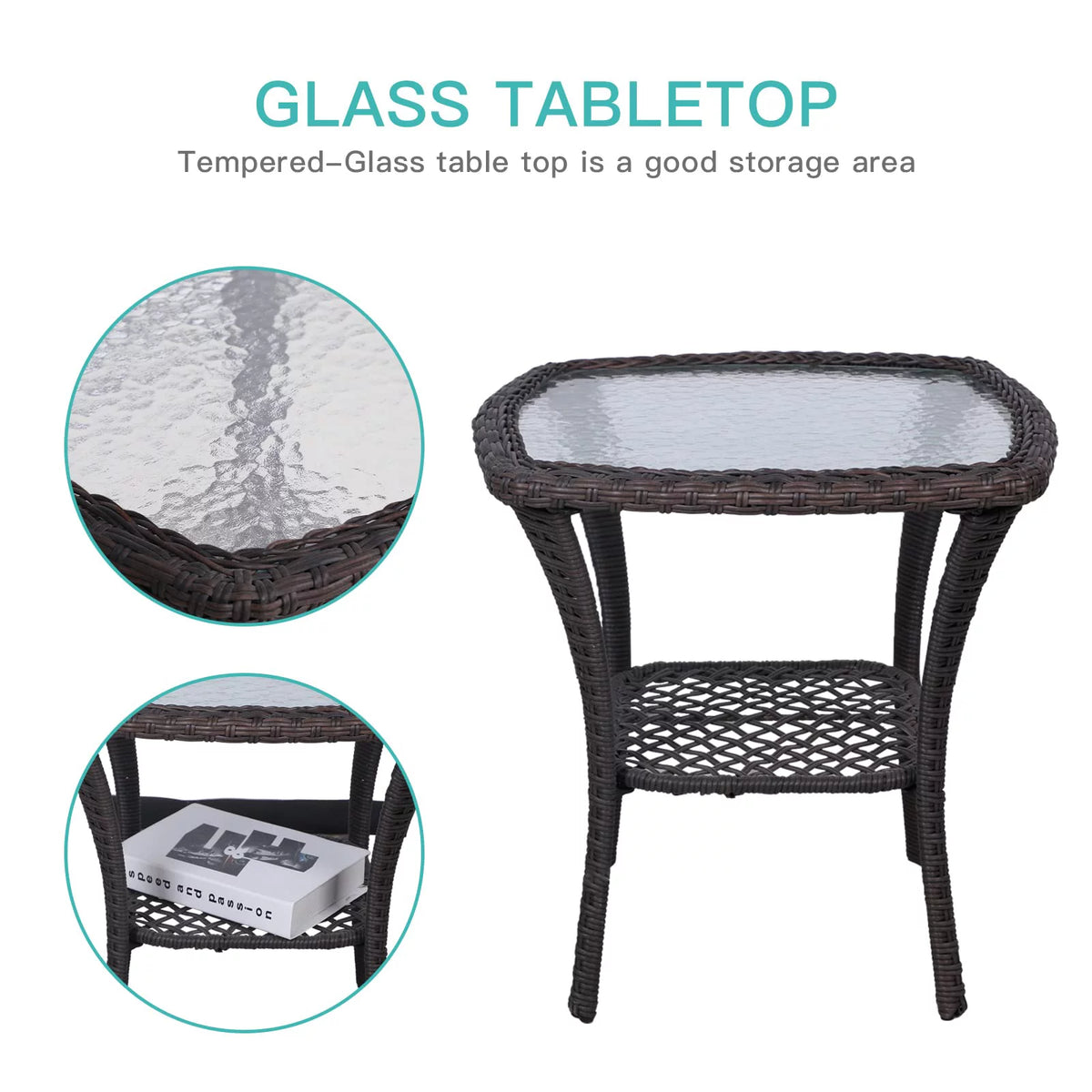 3-Piece Wicker Bistro Set Swivel Rocking Chairs Glass-Top Coffee Table E7671