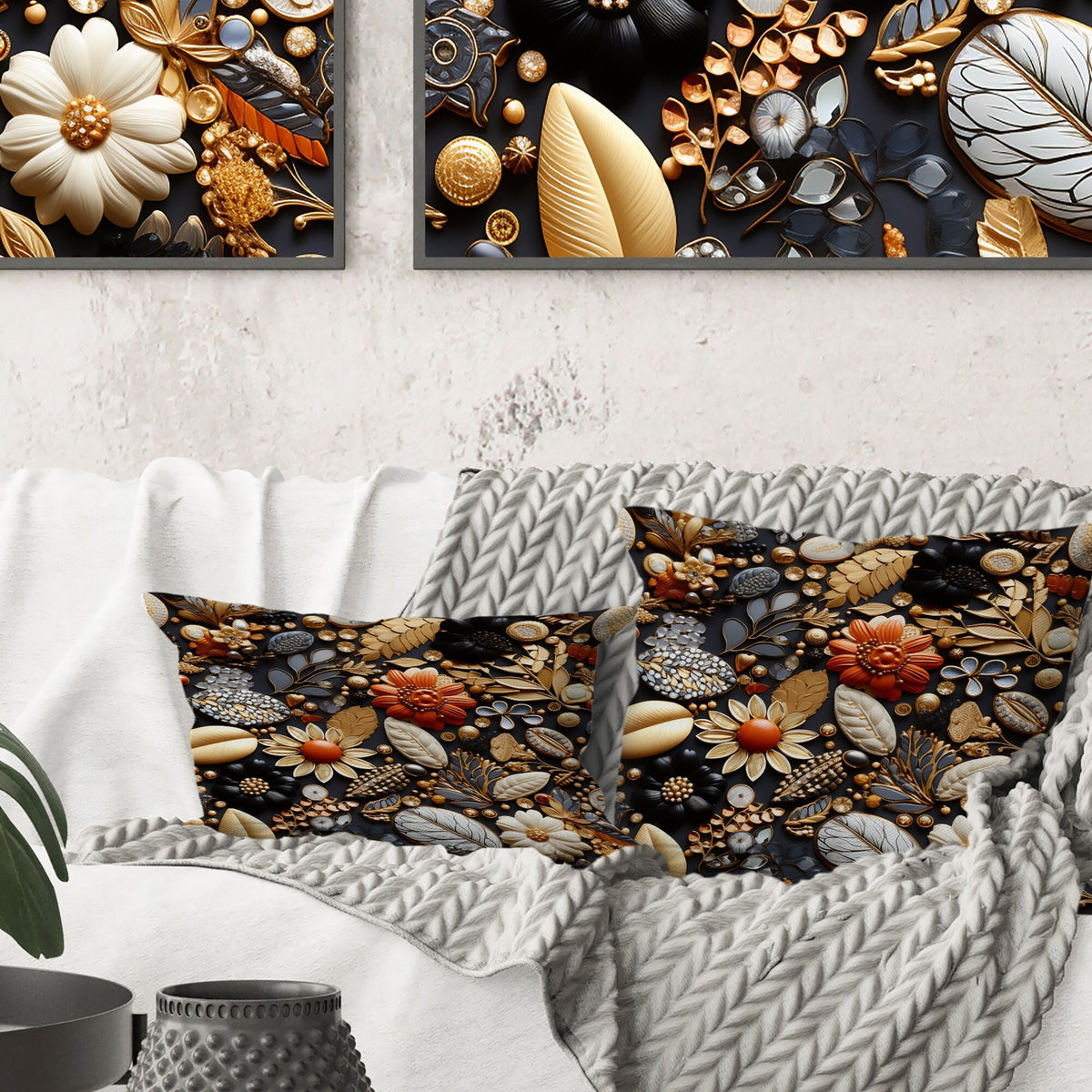 Black Boho Printed Throw Pillow B32413