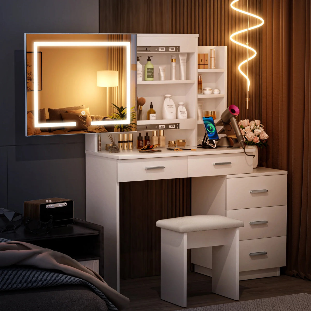 Large White Makeup Vanity Desk with Lighted Mirror and 3-Drawer Chest M3987