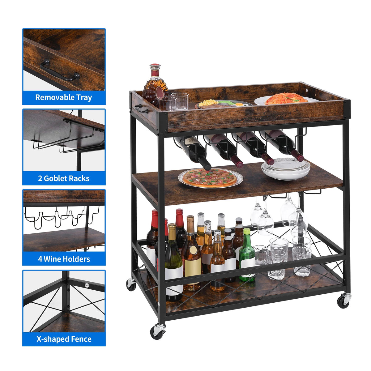31" 3-Tier Mobile Bar Cart with Wine Rack and Glass Holder G62302