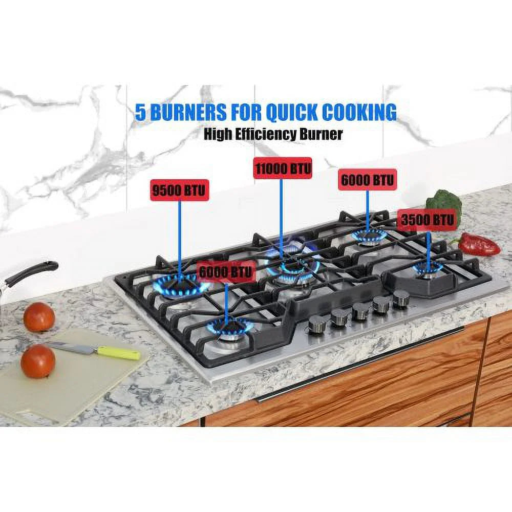 5 Burners 34 inch Gas Cooktop, 36000 BTU Stainless Steel Gas Range Top L137590