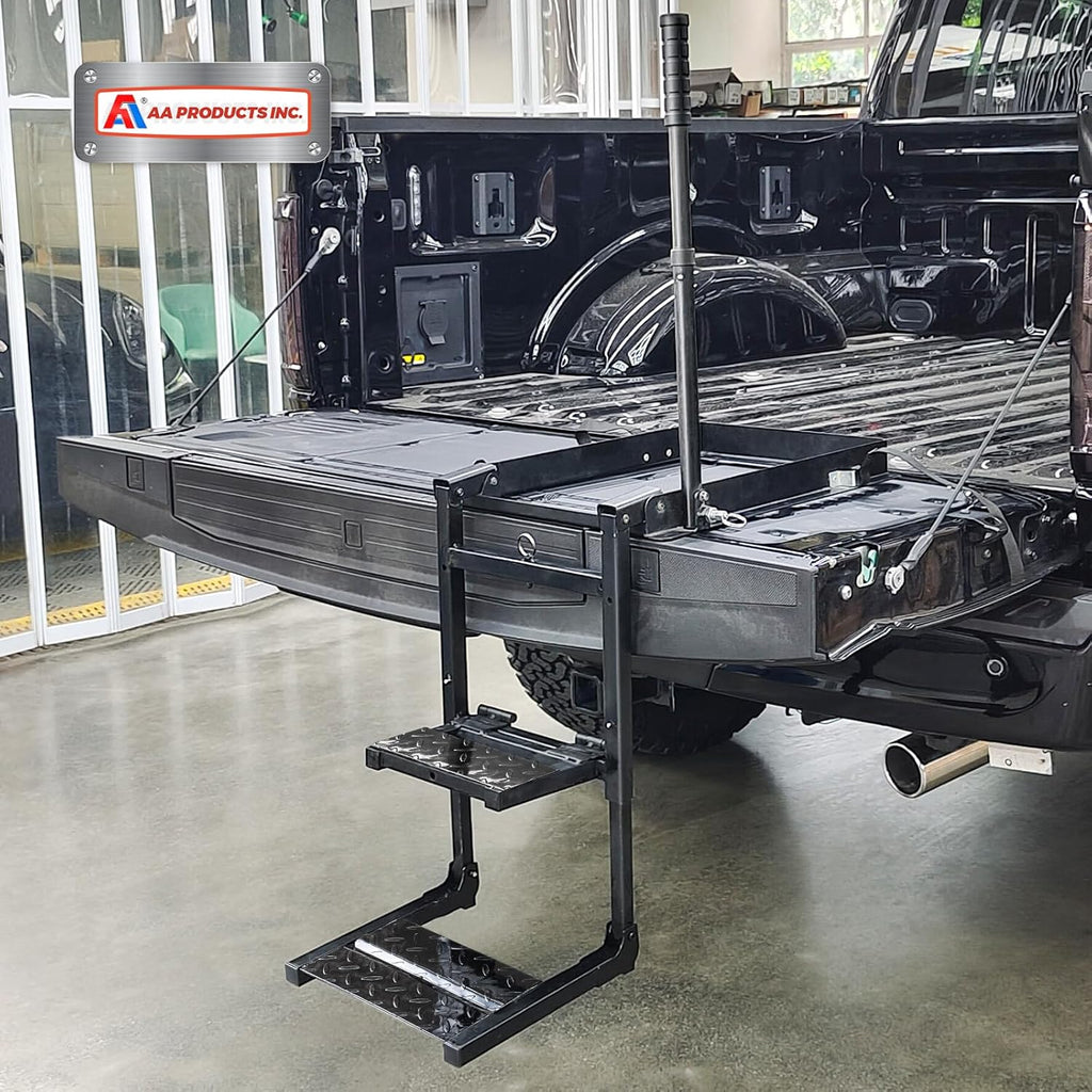Foldable Retractable Truck Tailgate Step with Telescopic Handrail, Capacity 300 lb I294