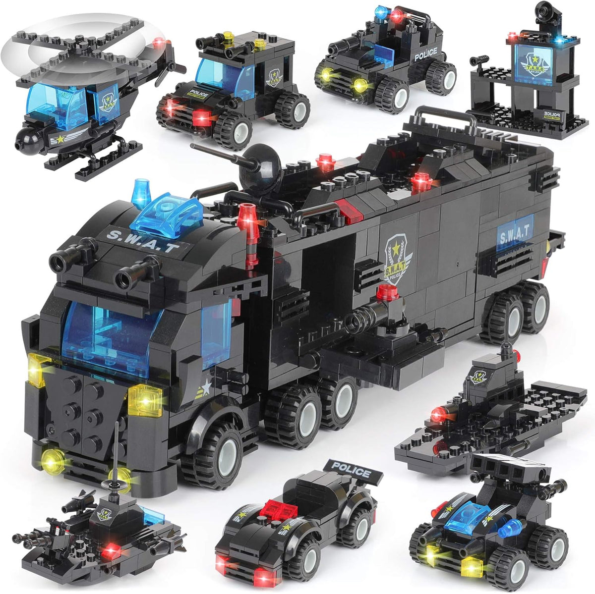 1110 PCS SWAT City Police Station Mobile Command Center Truck Car Building Blocks Set with Storage Box R11103