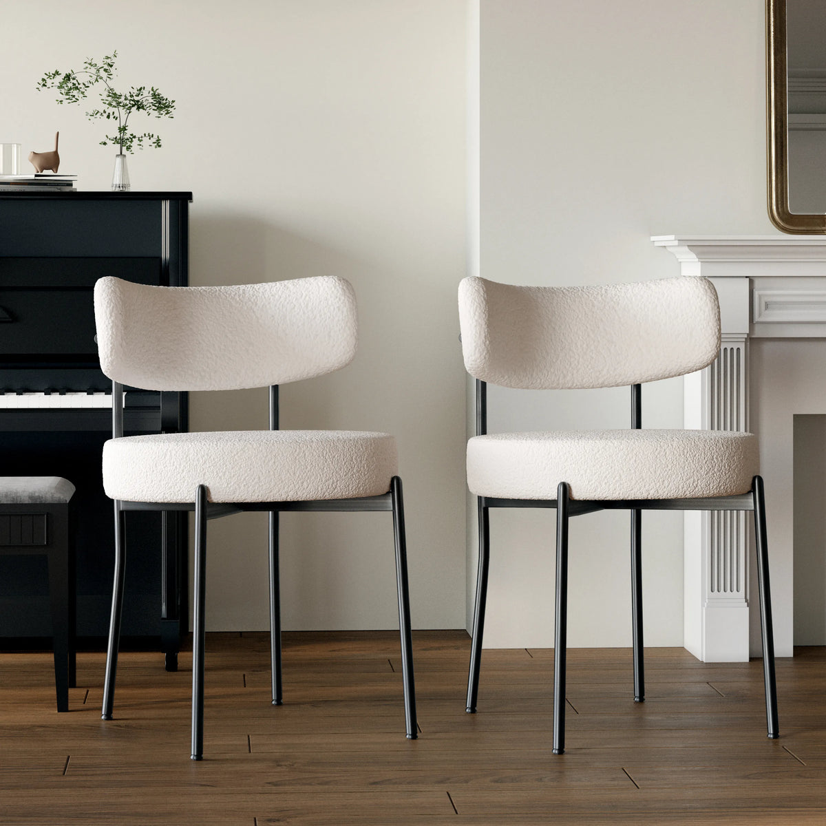White Boucle Upholstered Dining Chairs Set of 2 with Black Metal Legs A3071