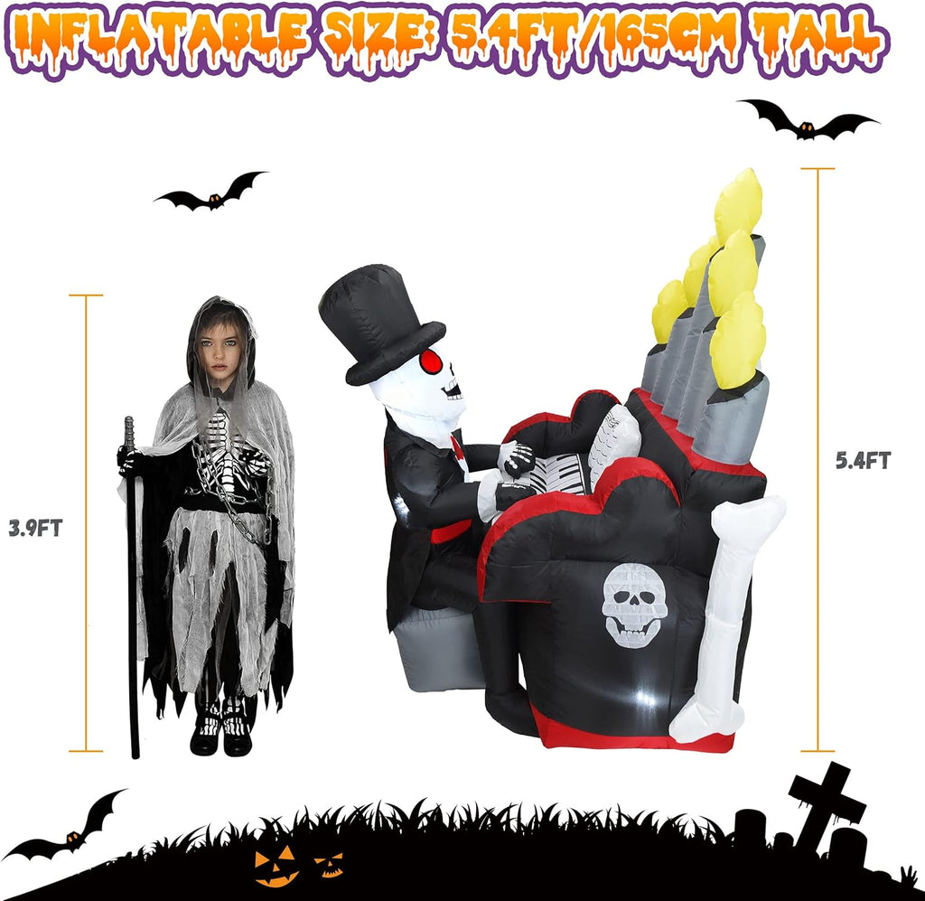 5.4FT Halloween Inflatable Skeleton Playing Piano with LED Lights and Bluetooth Speaker E571967