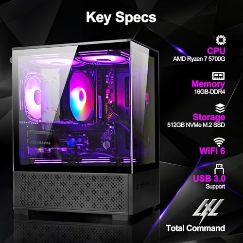 White Desktop PC AMD Ryzen 7-5700G 8 core 3.9GHz 16G DDR4 RAM 512GB NVME SSD Tower Computer with Power Supply 400W J603
