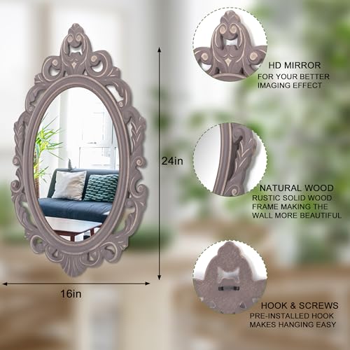 Oval Wooden Hanging Mirror Grey Carved Frame Wall Mirror 24"x16" M5118