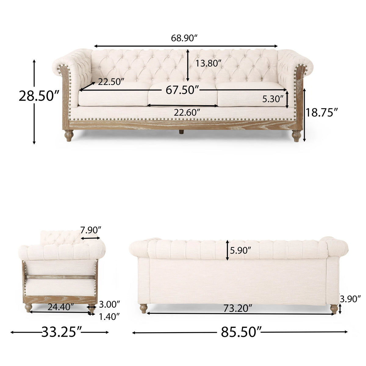 Beige Fabric Tufted 3 Seater Sofa V259793