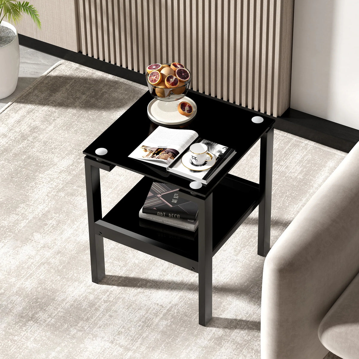 Black Tempered Glass 2-Layer Side Table with Storage Shelf P523