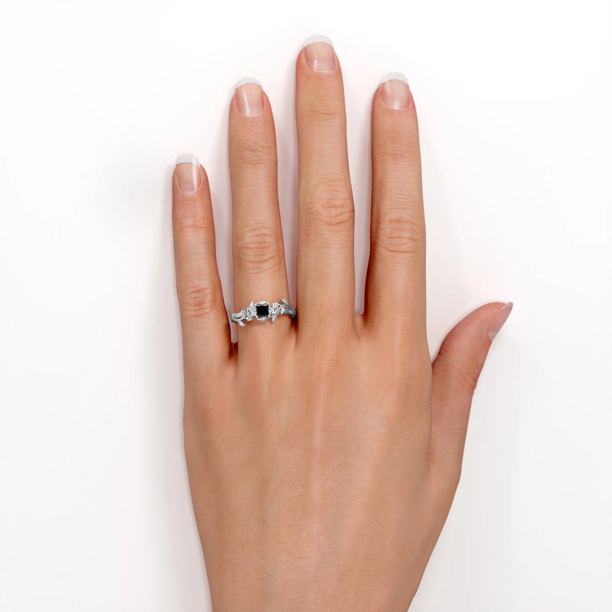 Three Stone Engagement Ring with Lab Grown Black Diamond and Moissanite P1850
