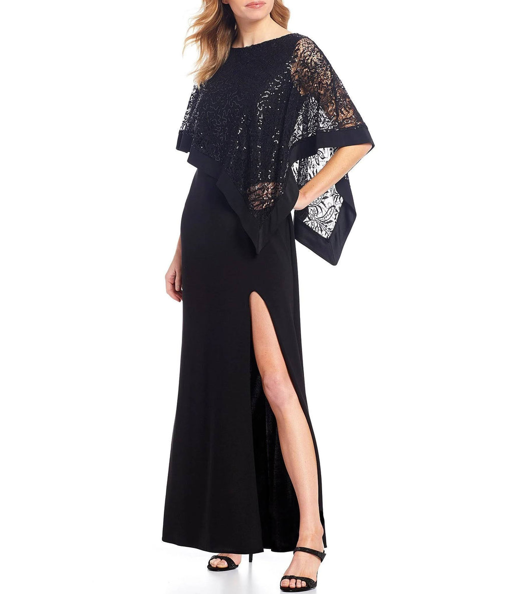 Black Sequined Lace Cape Gown H925