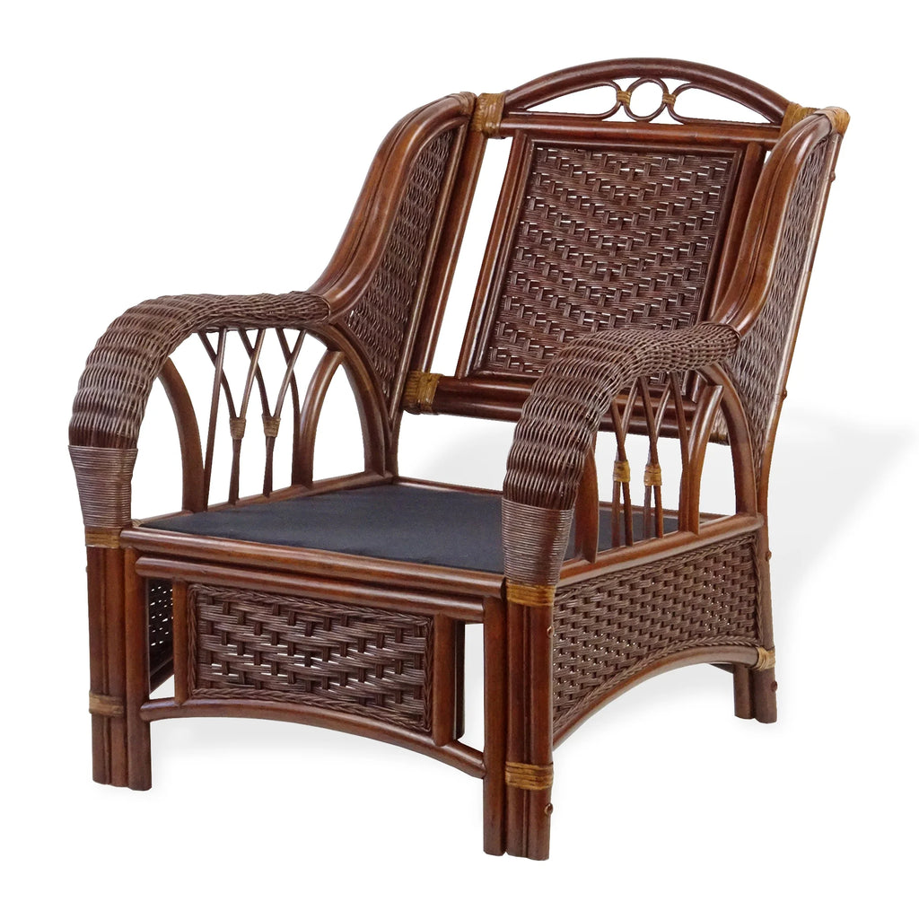 Dark Walnut Natural Rattan Wicker Armchair with Ottoman and Cushion A345107