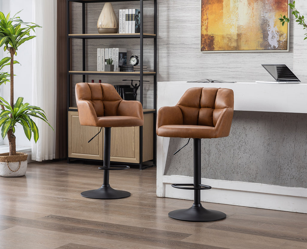 Brown Faux Leather Adjustable Swivel Bar Stool Set of 2 Z97728