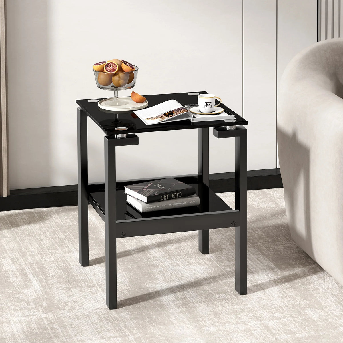Black Tempered Glass 2-Layer Side Table with Storage Shelf P523