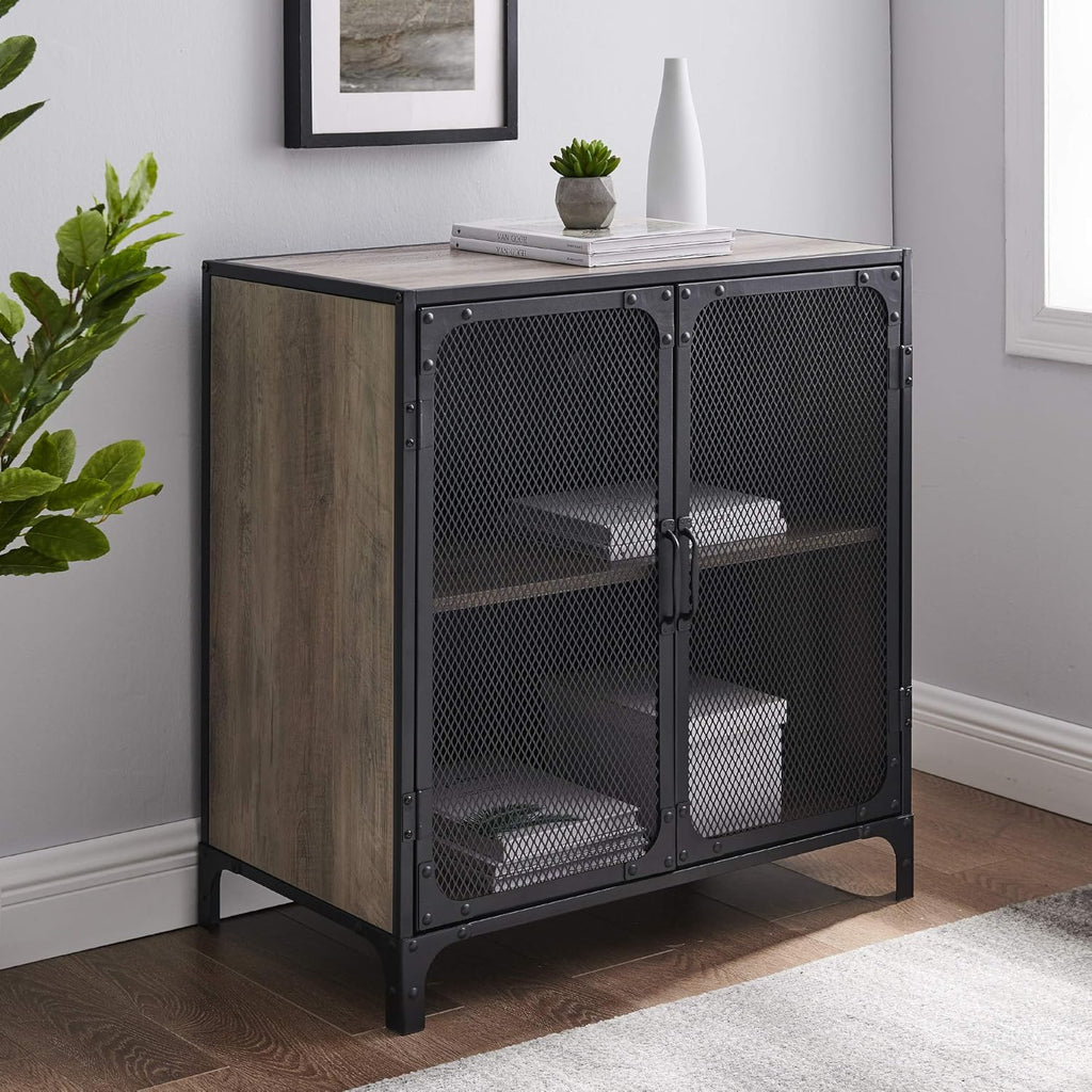 Rustic Oak Metal Mesh Double Door Rolling Bar Cabinet K5428