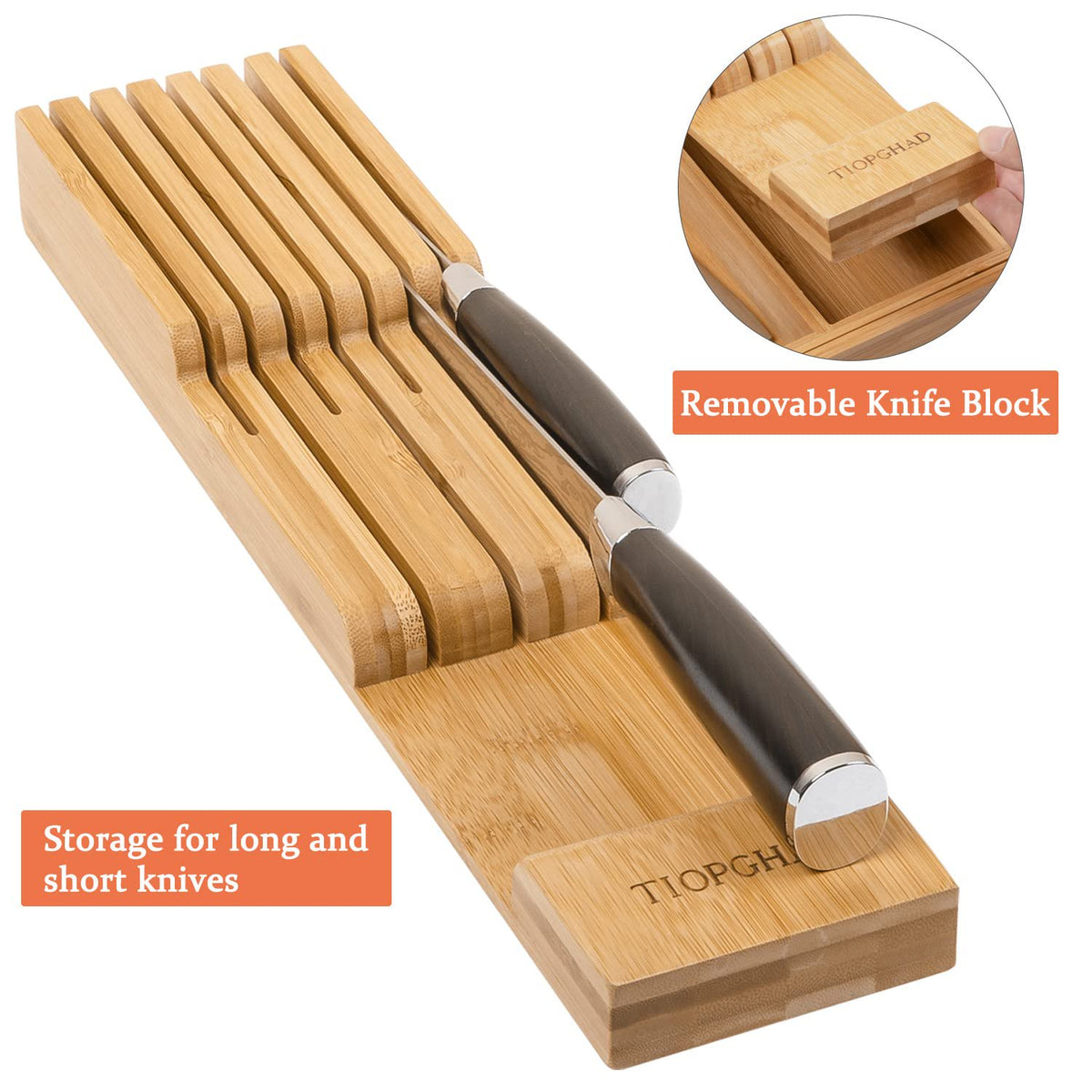 Bamboo Utensil Holder Expandable Drawer Organizer with Removable Knife Rack V3766