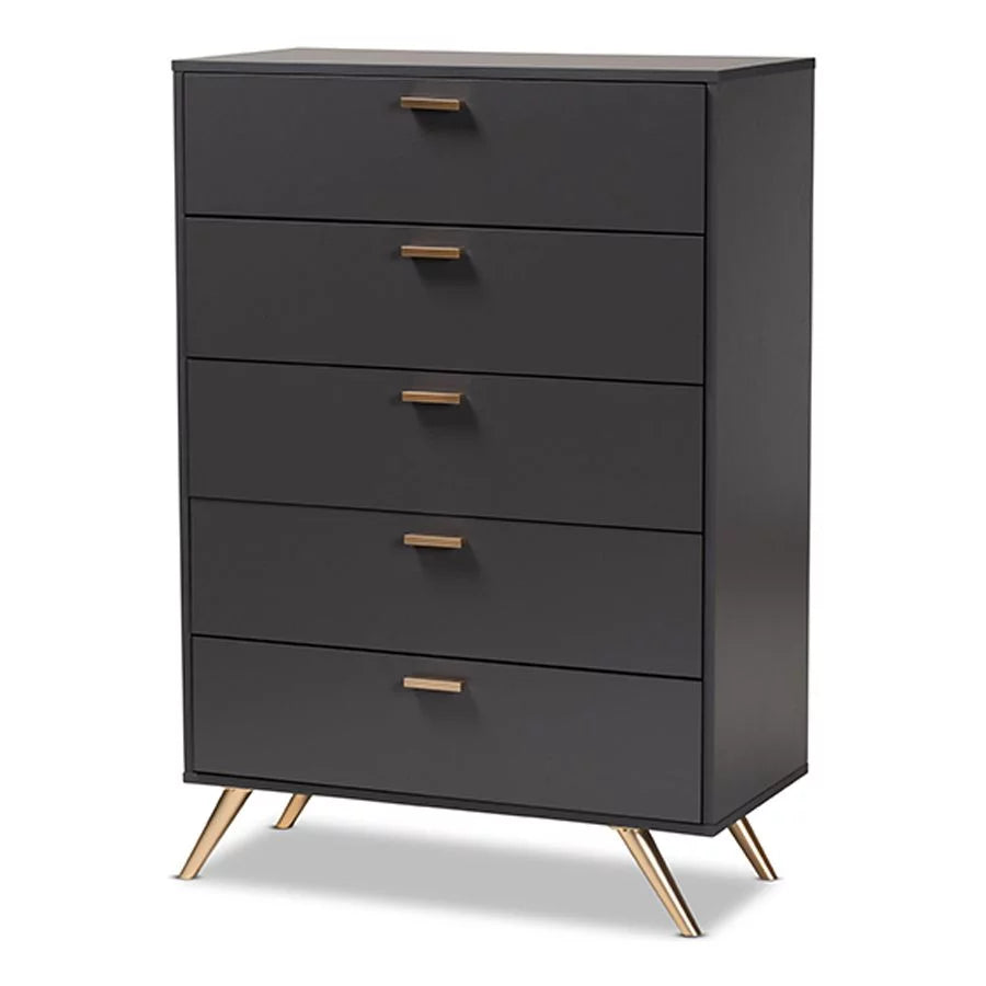Dark Grey and Gold Finished Wood 5-Drawer Chest S496