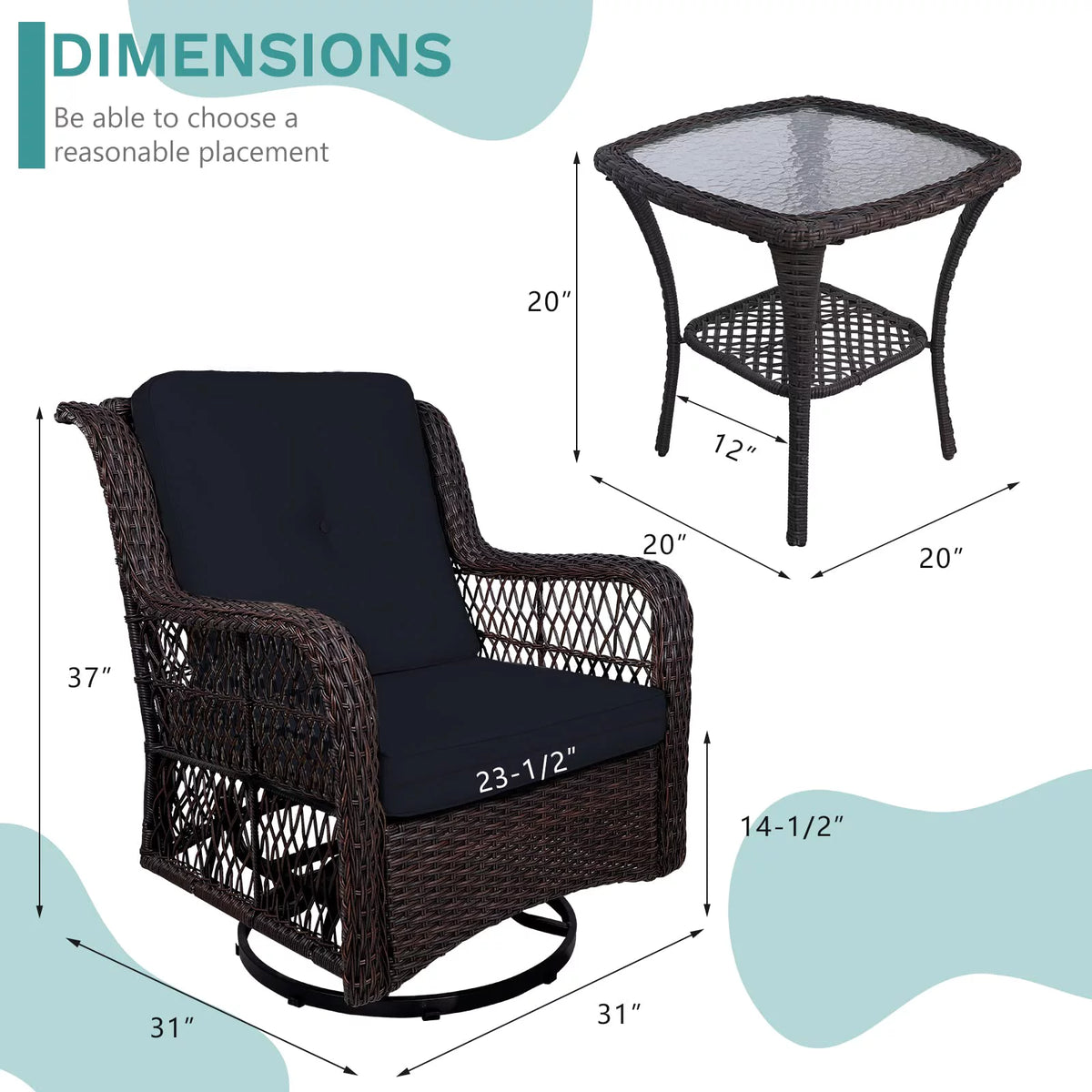3-Piece Wicker Bistro Set Swivel Rocking Chairs Glass-Top Coffee Table E7671