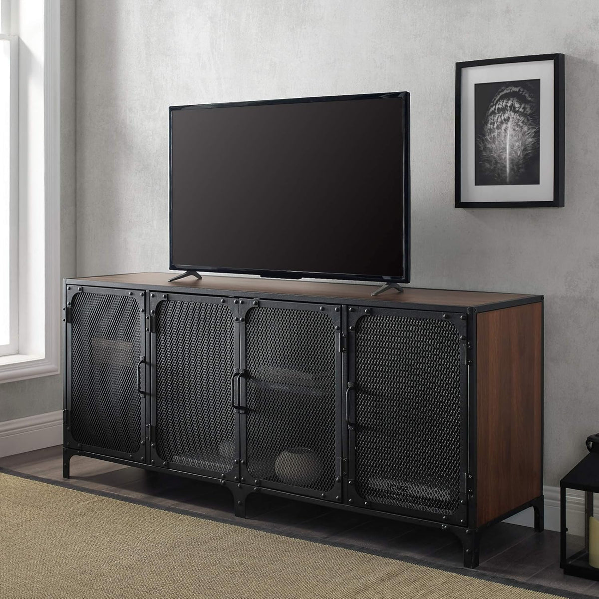 Rustic Oak Metal Mesh Double Door Rolling Bar Cabinet K5428