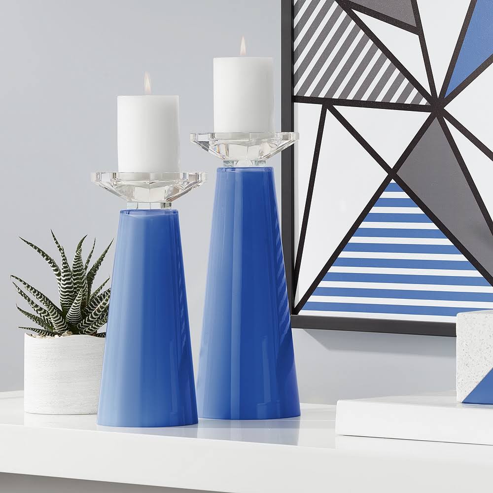 Blue Glass Pillar Candle Holder Set of 2 X53485