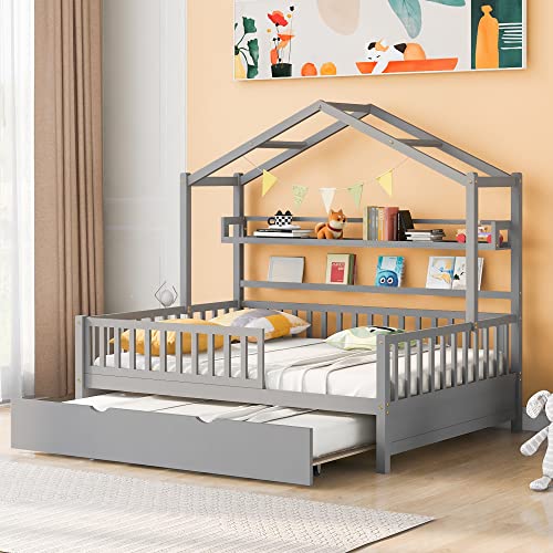 Pink Full Size Wooden House Bed with 2 Drawers S428