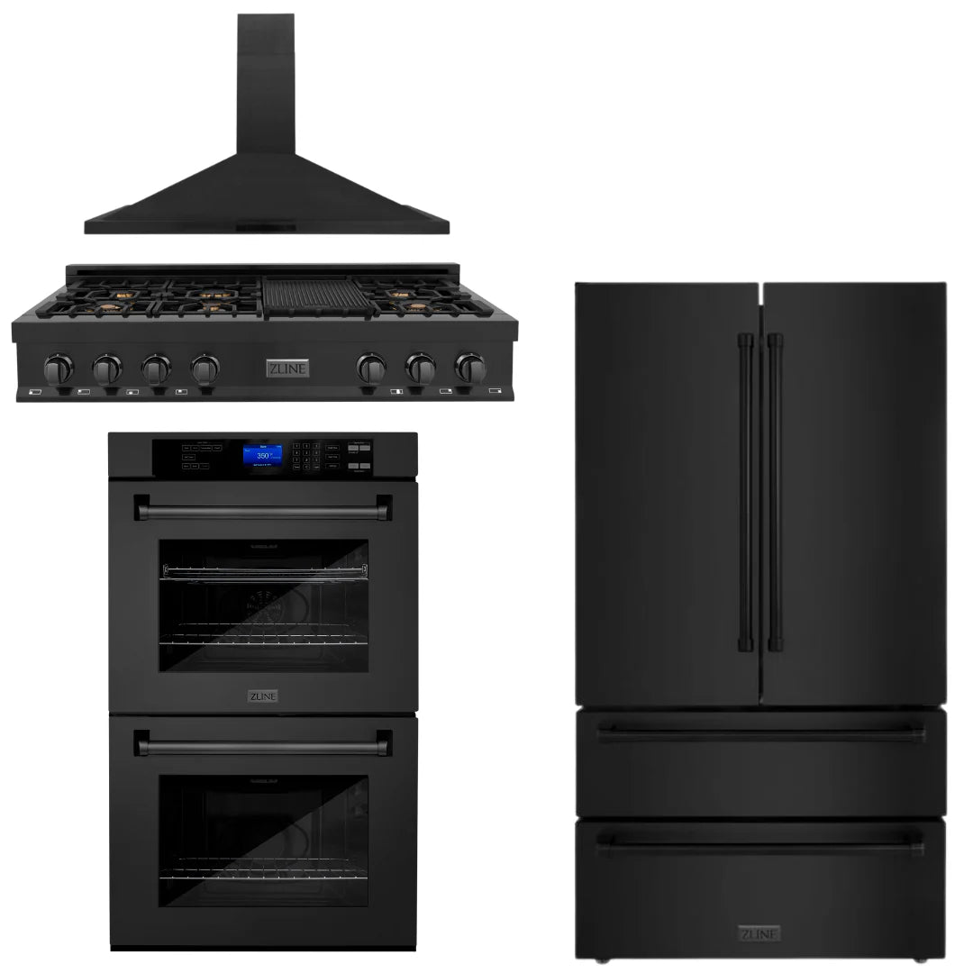 48 In. 4-Piece Appliance Package with Rangetop, Range Hood, Refrigerator, and Double Wall Oven in Black Stainless Steel H81253