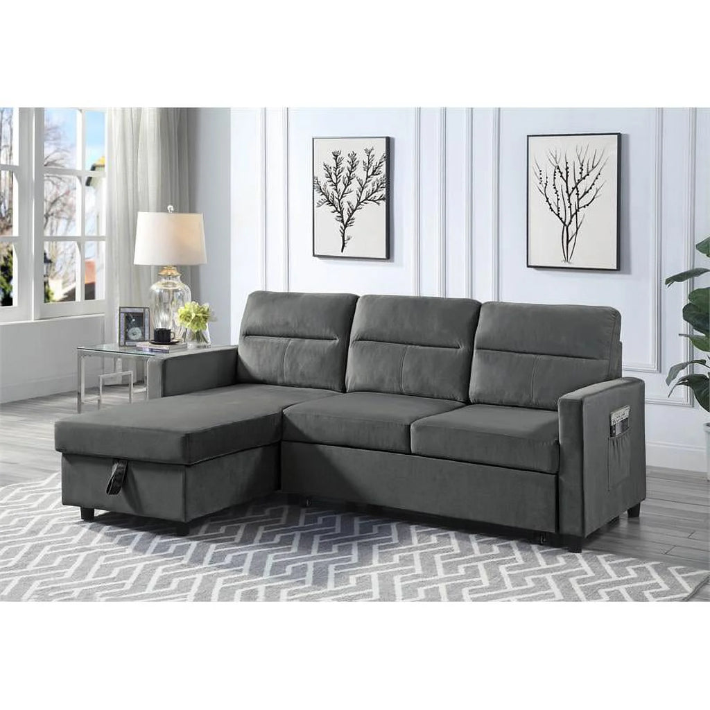 Dark Gray Velvet Reversible Sleeper Sectional with Storage D3960