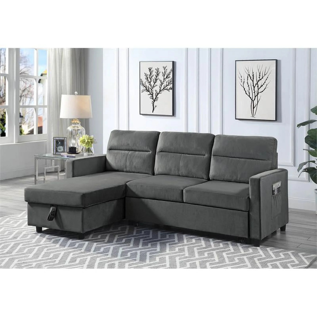 Dark Gray Velvet Reversible Sleeper Sectional with Storage D3960