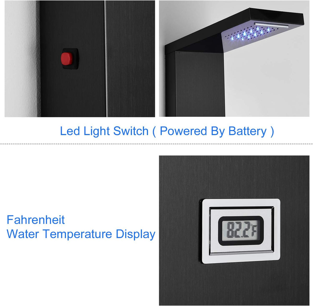 Stainless Steel Shower Panel Tower System with LED Rainfall Shower Head, Handheld Shower Head, 4 Body Jets, Tub Spout, Water Temperature Display A920
