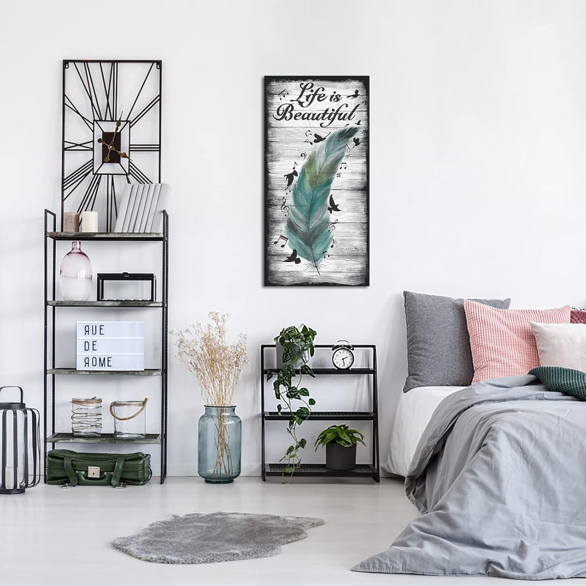 Abstract Feather and Flying Birds Canvas Wall Art with Inspirational Quote, 20x40 G8694