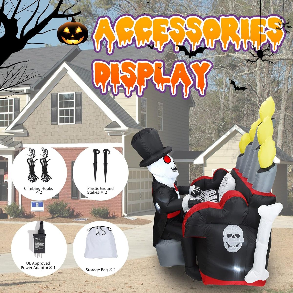 5.4FT Halloween Inflatable Skeleton Playing Piano with LED Lights and Bluetooth Speaker E571967