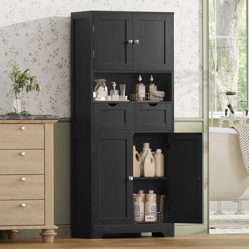 White Tall Bathroom Cabinet with 2 Drawers & 2 Adjustable Shelves & 4 Doors Q454452