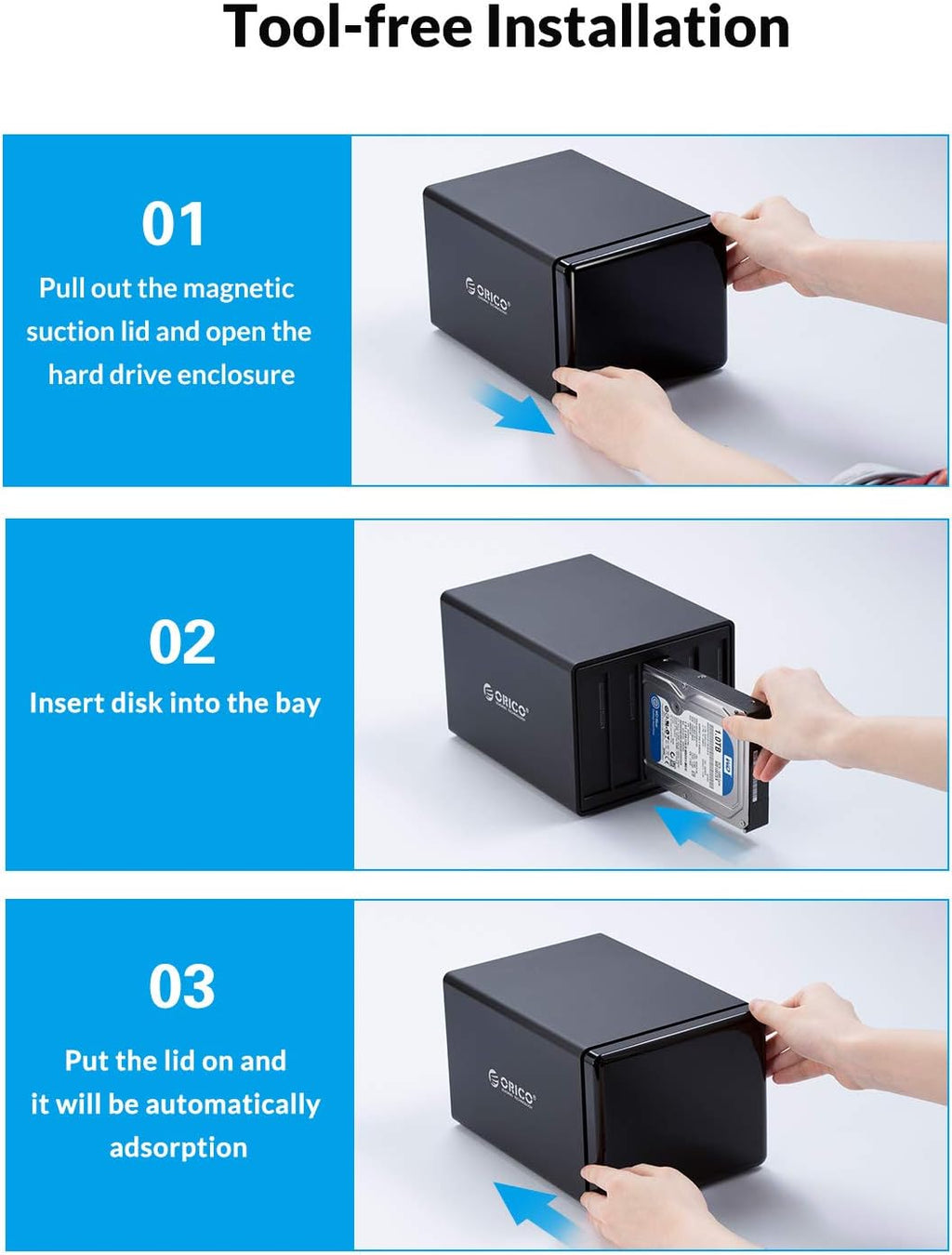 5 Bay Hard Drive Enclosure Magnetic Aluminum USB 3.0 to SATA for 3.5 inch HDD Tool Free Storage Case J47351