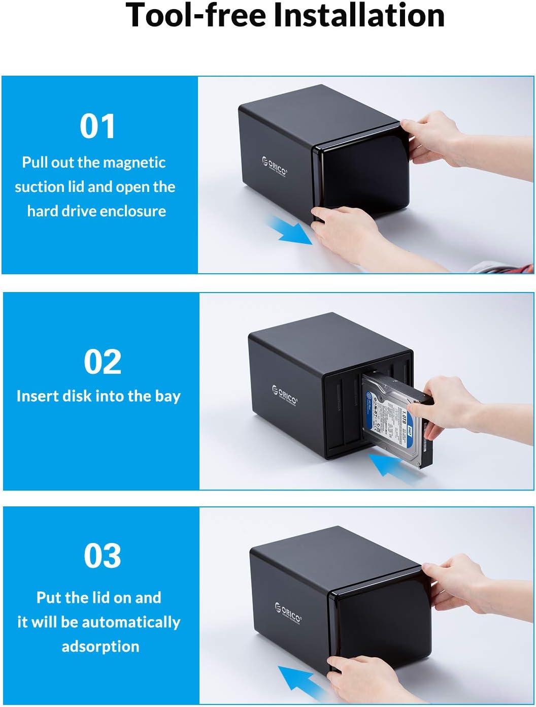 5 Bay Hard Drive Enclosure Magnetic Aluminum USB 3.0 to SATA for 3.5 inch HDD Tool Free Storage Case J47351
