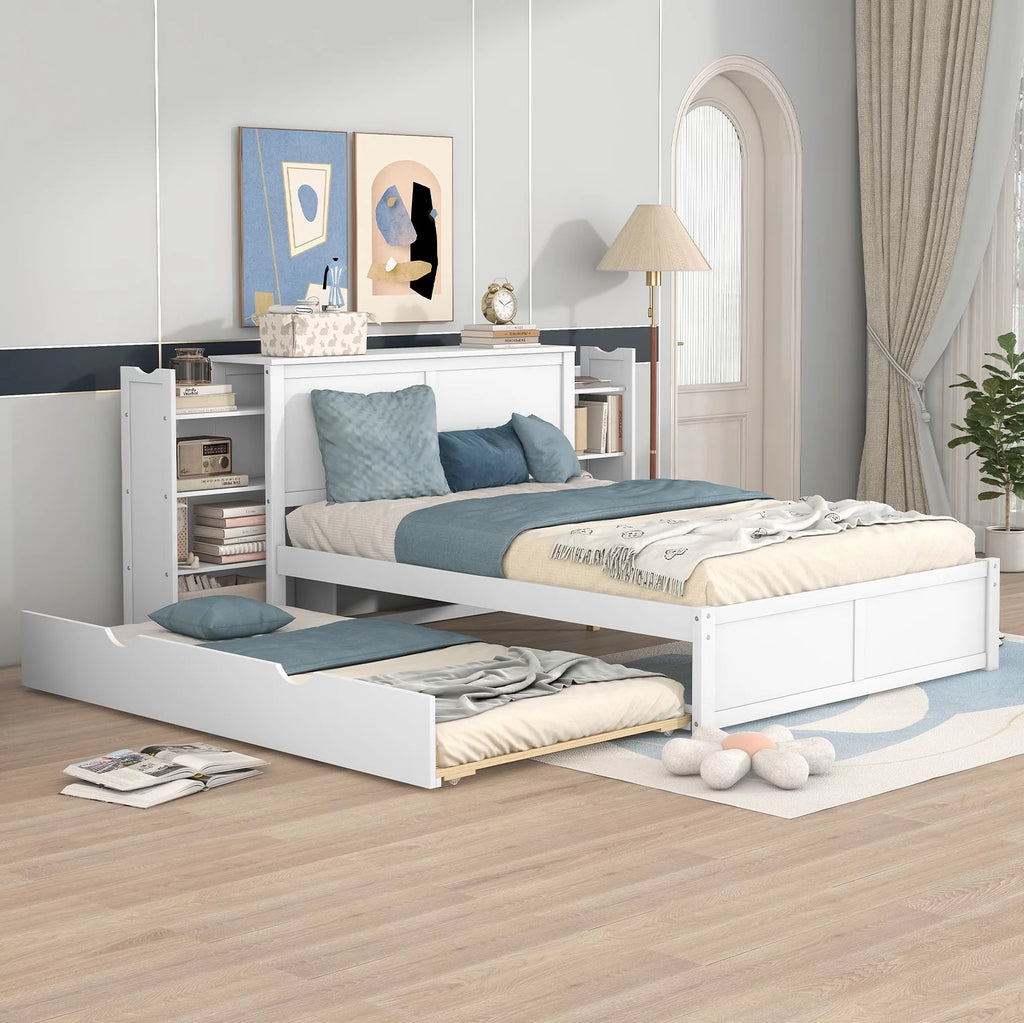 Full Size Wood Platform Bed with Trundle and Storage S48337