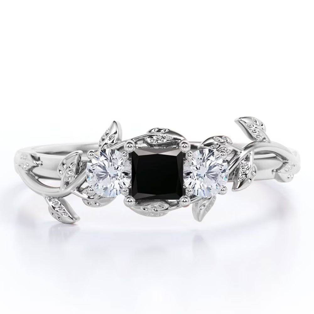 Three Stone Engagement Ring with Lab Grown Black Diamond and Moissanite P1850