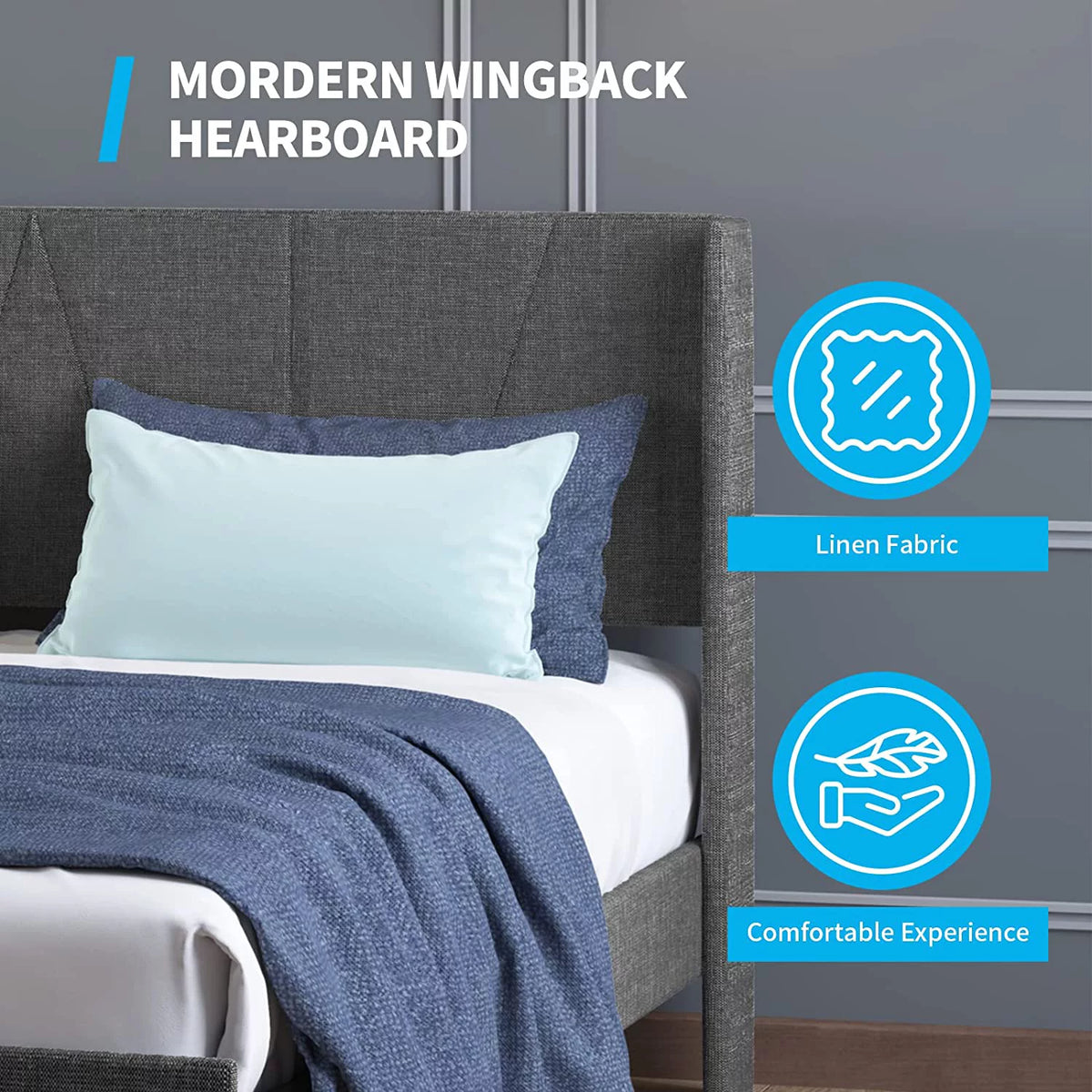 Full Upholstered Wingback Platform Bed Frame with Headboard Dark Grey F34521