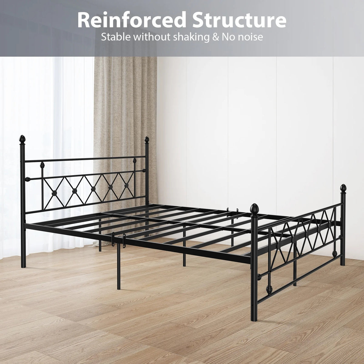 Queen Size Black Metal Platform Bed Frame with Headboard J695